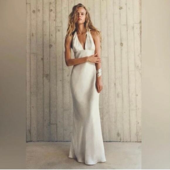 Zara Maxi Pearl Satin Effect Halter Evening Formal Gown L Wedding Cocktail Dress - Picture 1 of 15